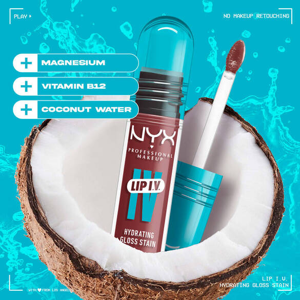 NYX Lip I.V. Hydrating Gloss Stain in a coconut, featuring ingredients like magnesium, vitamin B12, and coconut water.