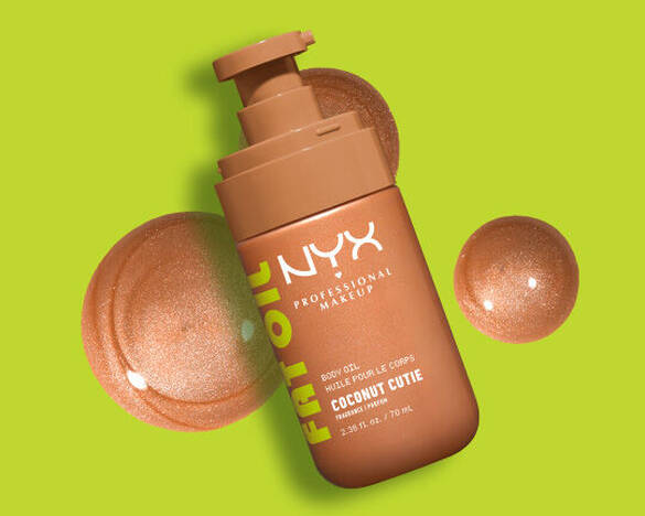 NYX Professional Makeup Fat Oil Body Oil in Coconut Cutie met een getextureerde olie achter het productshot.