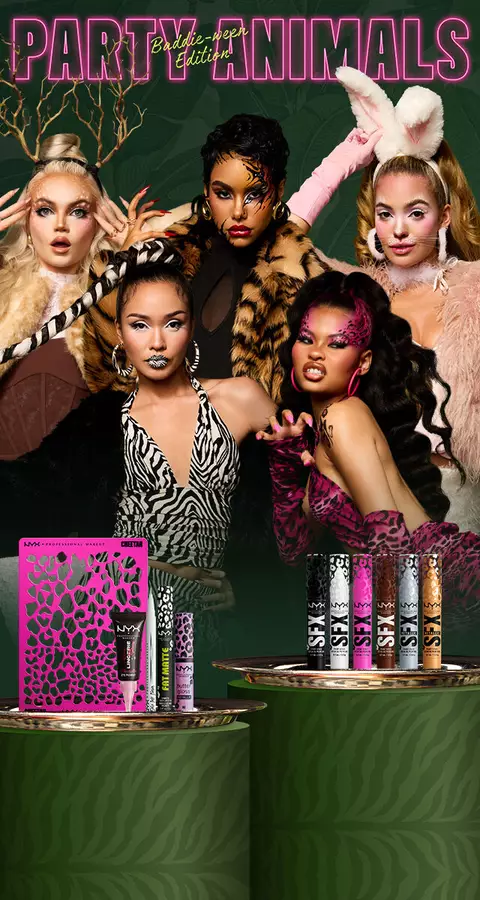 Campagnebanner van de NYX Professional Makeup Party Animals Baddie-wen Edition met daarop vijf modellen in op dieren geinspireerde make-up en kostuums, getoonde lipproducten, een Cheetah make-up palette en neon Party Animals-tekst.