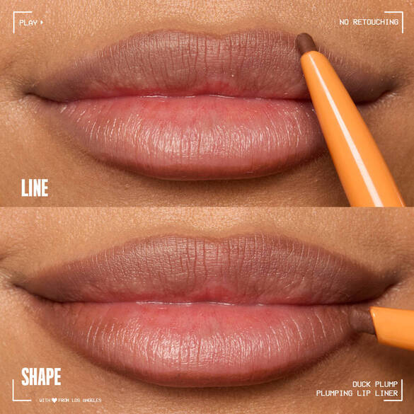 A close-up of lips with a nude plumping lip liner being applied, showcasing the defined shape and natural texture.