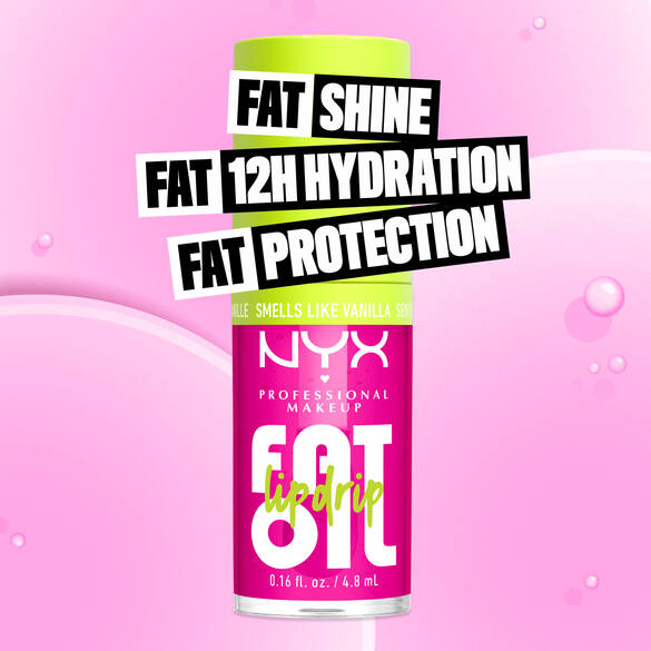 NYX Professional Makeup Fat Oil Lip Drip in shade 20 Suga Baddie, vanilla-scented, promises fat shine, 12-hour hydration, and protection. Pink lip oil bottle on a pink bubbly background.