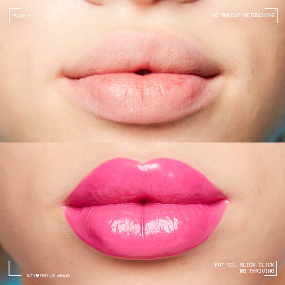 Close-up of two lips: the top is bare and natural, while the bottom is glossy pink, showcasing a striking contrast.