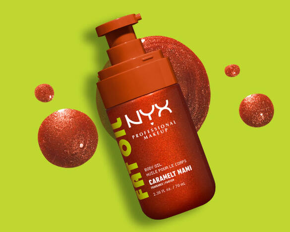 NYX Professional Makeup Fat Oil Body Oil in Caramelt Mami met een getextureerde olie achter het productshot.
