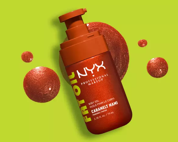 NYX Professional Makeup Fat Oil Body Oil in Caramelt Mami met een getextureerde olie achter het productshot.