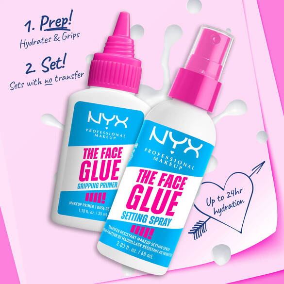 Produits NYX pour le maquillage : base et spray fixant, assurant hydratation et tenue jusqu\'a 24 heures.