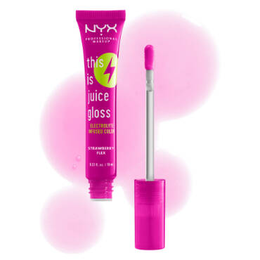 Gloss a levres NYX \'This Is Juice\' en teinte fraise, presente dans un tube rose vif avec applicateur.