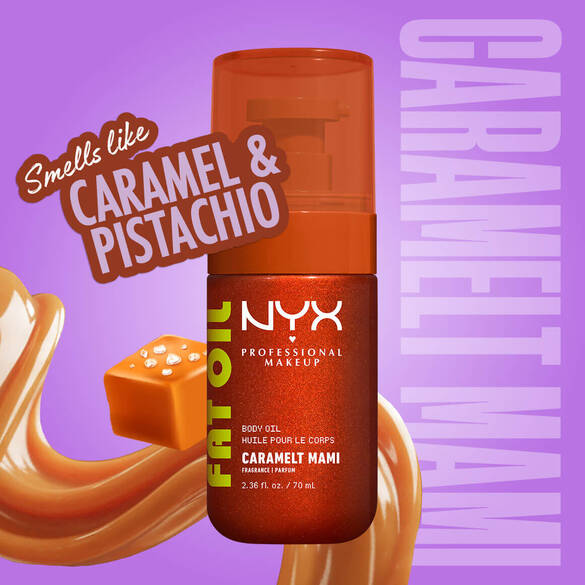 NYX Professional Makeup Fat Oil Body Oil in de geur Caramelt Mami. Een glanzende, goud-bronzen flacon met karamel-illustraties. Op het label staat dat de olie naar karamel en pistache ruikt, afgebeeld tegen een paarse achtergrond.
