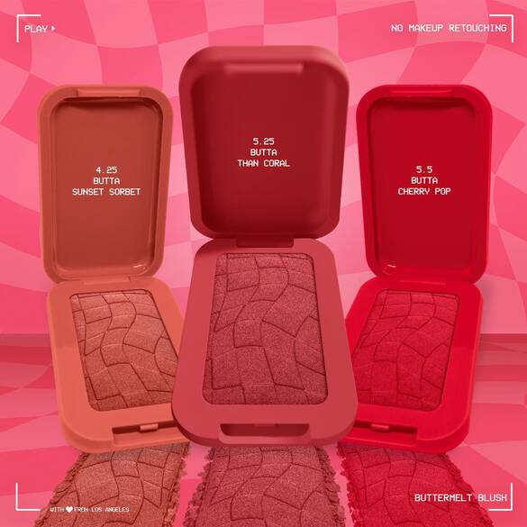 Three open NYX Professional Makeup Buttermelt Blush compacts on a pink background, showing shades Butta Sunset Sorbet, Butta Than Coral, and Butta Cherry Pop with embossed powder pans and shade names inside lids