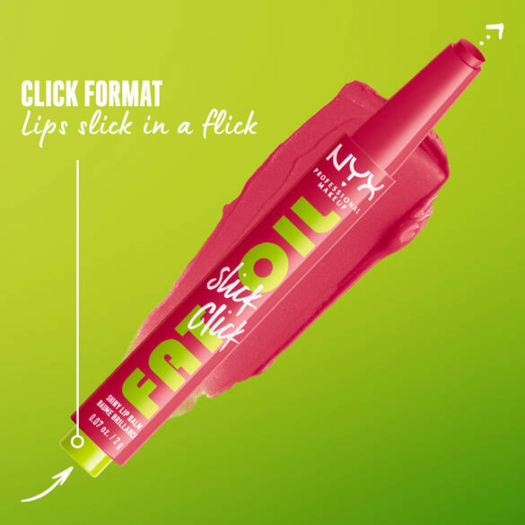 NYX lipproduct in klikformaat, met de tekst \'Slick It in a Flick\' op een felgroene achtergrond.