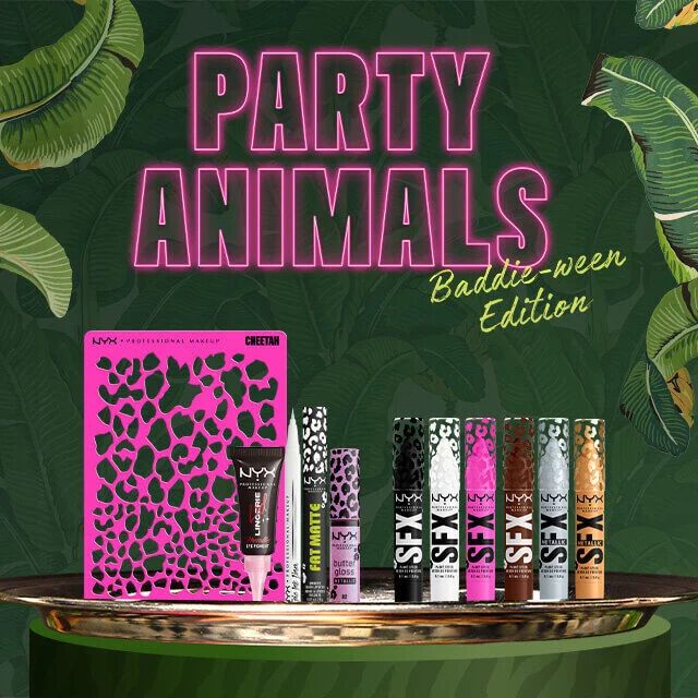 NYX Professional Makeup Party Animals Baddie-ween Edition Halloween banner with jungle leaf background, cheetah print gift set, eye and lip products, Fierce Looks Unleashed text