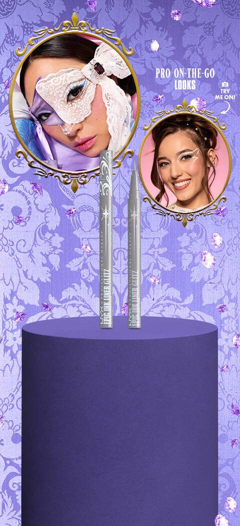 NYX silver eyeliner pencils displayed on a purple stand with ornate gold frames and Lady in Silver look, set against a lavender floral background with product description, shop buttons, and option to try on the Pro-On-The-Go virtual look.