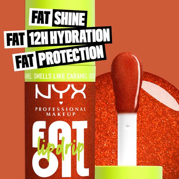 NYX Professional Makeup Fat Oil Lip Drip in shade 23 Caramelt Mami, caramel-scented, promises fat shine, 12-hour hydration, and protection. Shown with glittery orange lip gloss and applicator.