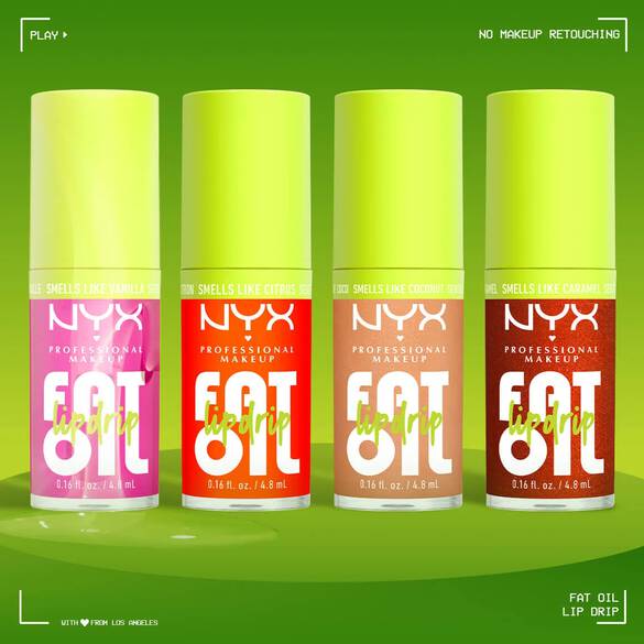 NYX Professional Makeup Fat Oil Lip Drip Fat Oil Body Collection extension in four new shades: Suga Baddie, Juicy Boo, Coconut Cutie, and Caramelt Mami.