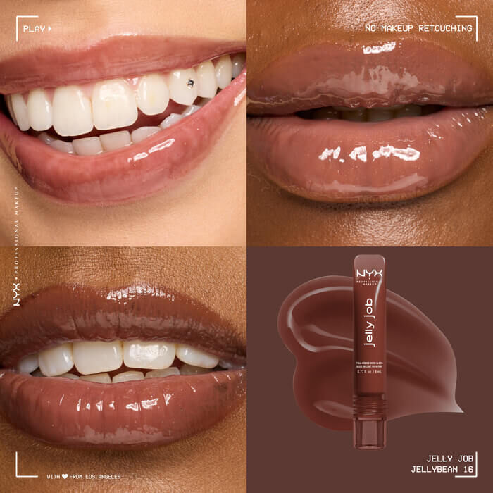 Quadrant showing Jelly Job lip macros on three models of fair, deep, medium skin tones and the product solider with swatch behind the hex code color in shade 16 Jellybean