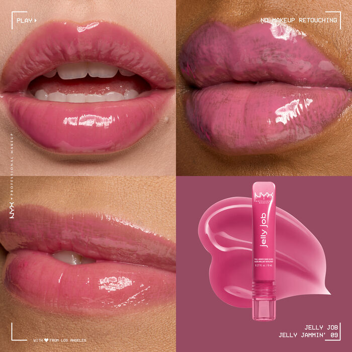Quadrant showing Jelly Job lip macros on three models of fair, deep, medium skin tones and the product solider with swatch behind the hex code color in shade 09 Jelly Jammin'