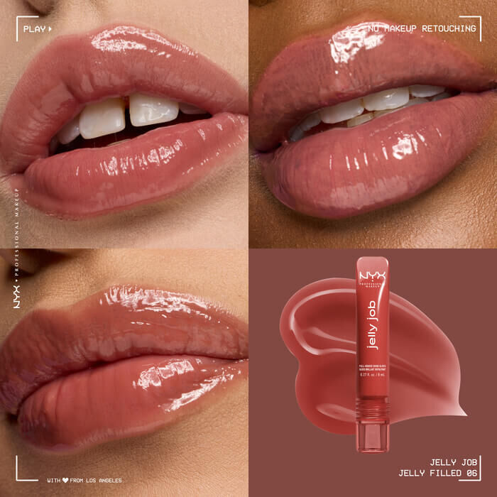 Quadrant showing Jelly Job lip macros on three models of fair, deep, medium skin tones and the product solider with swatch behind the hex code color in shade 06 Jelly Filled