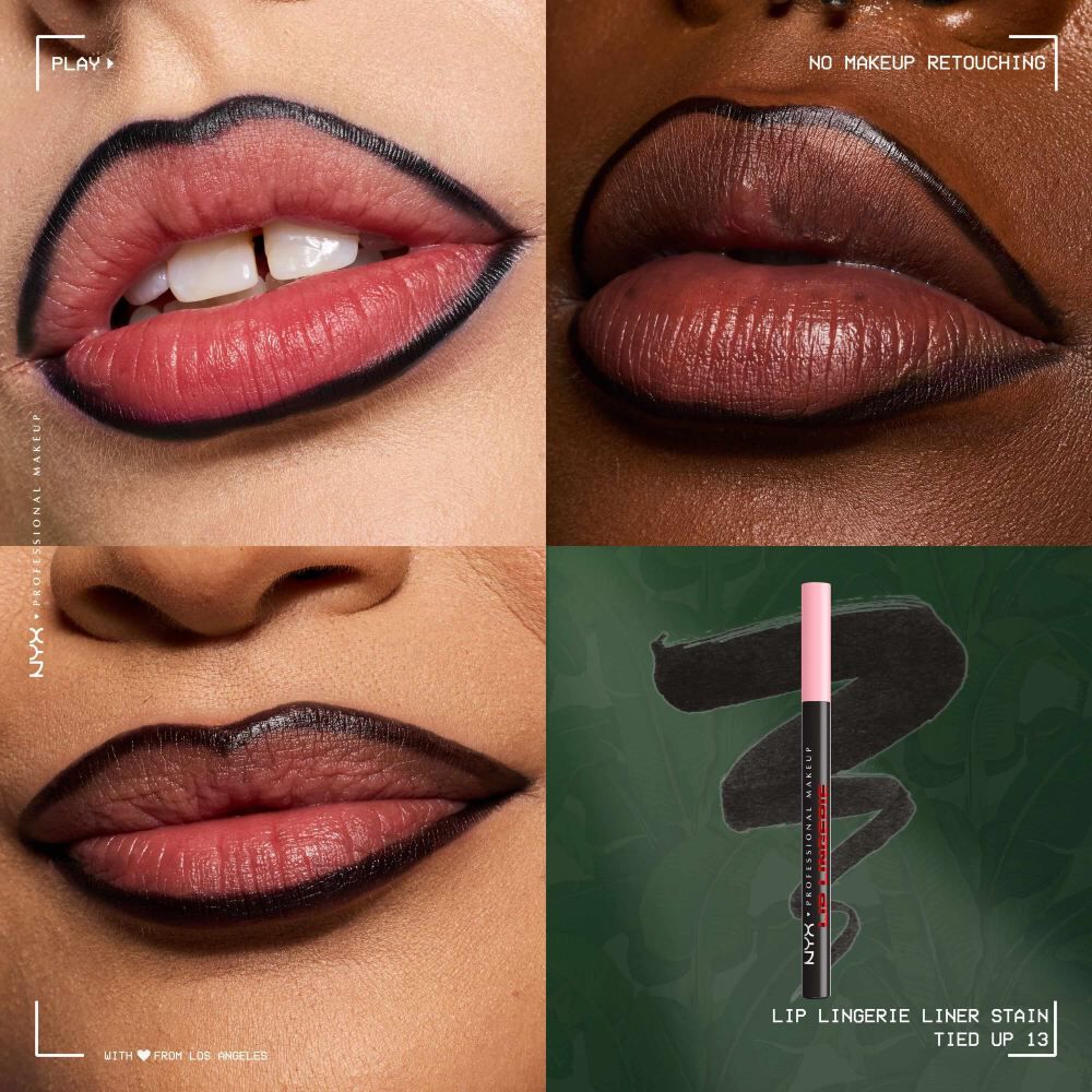 NYX Professional Makeup Lip Lingerie Lip Liner Stain in shade 13 Tied Up, with close-up images of lip looks and a product swatch.