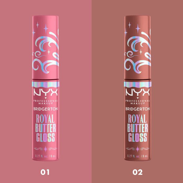 Presents two individual tubes of NYX Professional Makeup Bridgerton Royal Butter Gloss labeled "01" (a lighter nude) and "02" (a deeper brown/berry shade), showing the subtle differences between them.