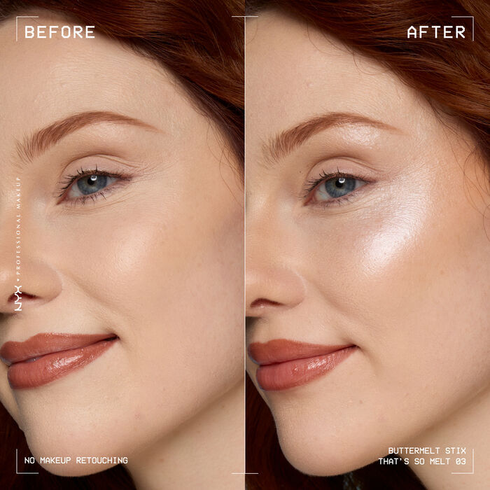 A side view of a model's face showing before and after results of using Buttermelt Stix in shade 03 That's So Melt