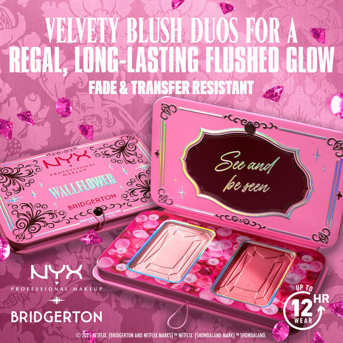 Opened NYX Professional Makeup Bridgerton Blush Duo showing two blush pans. Text highlights "Velvety Blush Duos for a Regal, Long-Lasting Flushed Glow," plus "Fade & Transfer Resistant" and "12HR" wear in shade 01 Wallflower