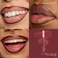 Quadrant showing Lip Lingerie Lip Liner Stain on three models of fair, deep, medium skin tones and the product solider with swatch behind the hex code color in shade 10 Up All Night