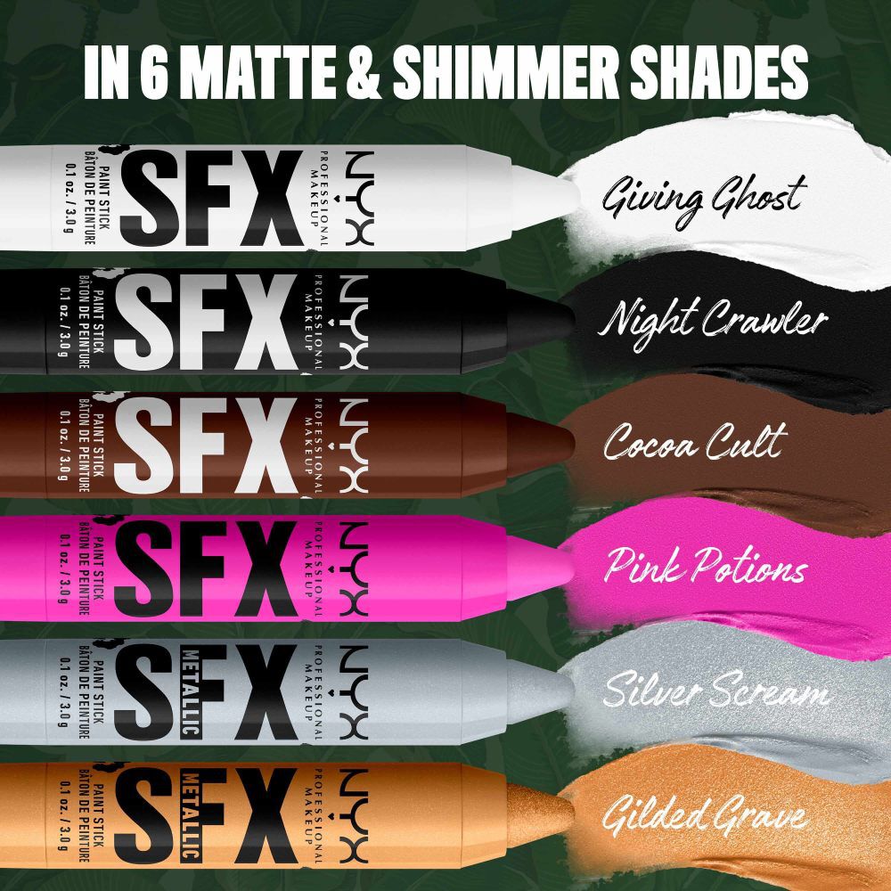 NYX Professional Makeup Party Animals SFX Face & Body Paint Sticks in six shades: white, black, brown, pink, metallic silver and metallic gold.