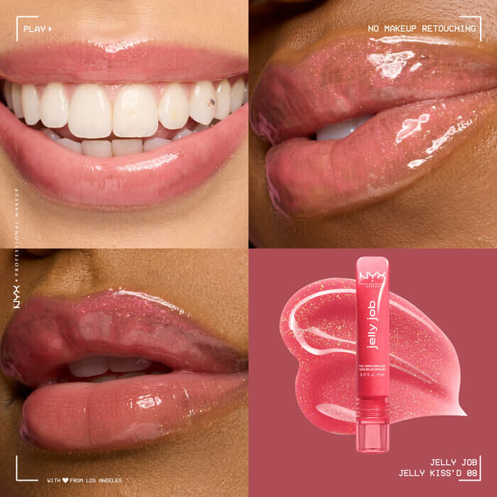 Quadrant showing Jelly Job lip macros on three models of fair, deep, medium skin tones and the product solider with swatch behind the hex code color in shade 08 Jelly Kiss'd