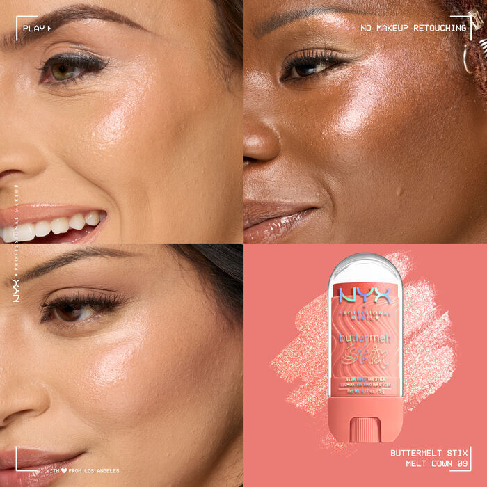 Quadrant showing Jelly Job lip macros on three models of fair, deep, medium skin tones and the product solider with swatch behind the hex code color in shade 09 Melt Down