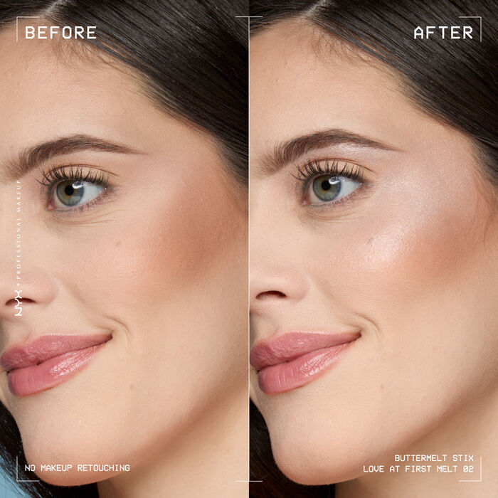 A side view of a model's face showing before and after results of using Buttermelt Stix in shade 02 Love At First Melt