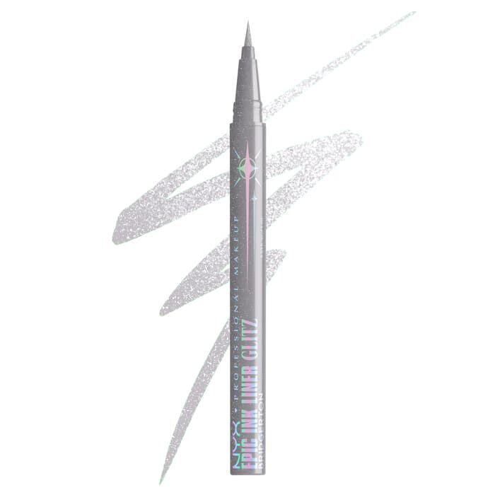 A silver-colored eyeliner pen positioned diagonally against a white background, accompanied by a matching textured swatch of the product of NYX Professional Makeup x Bridgerton Royal Epic Ink Liner Glitz in shade 01 Glitzed In Silver