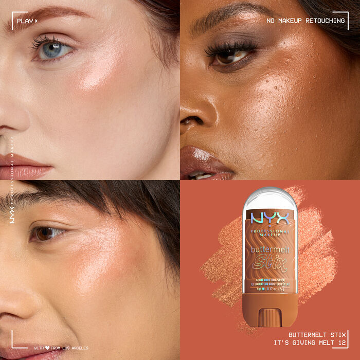 Quadrant showing Jelly Job lip macros on three models of fair, deep, medium skin tones and the product solider with swatch behind the hex code color in shade 12 It's Giving Melt