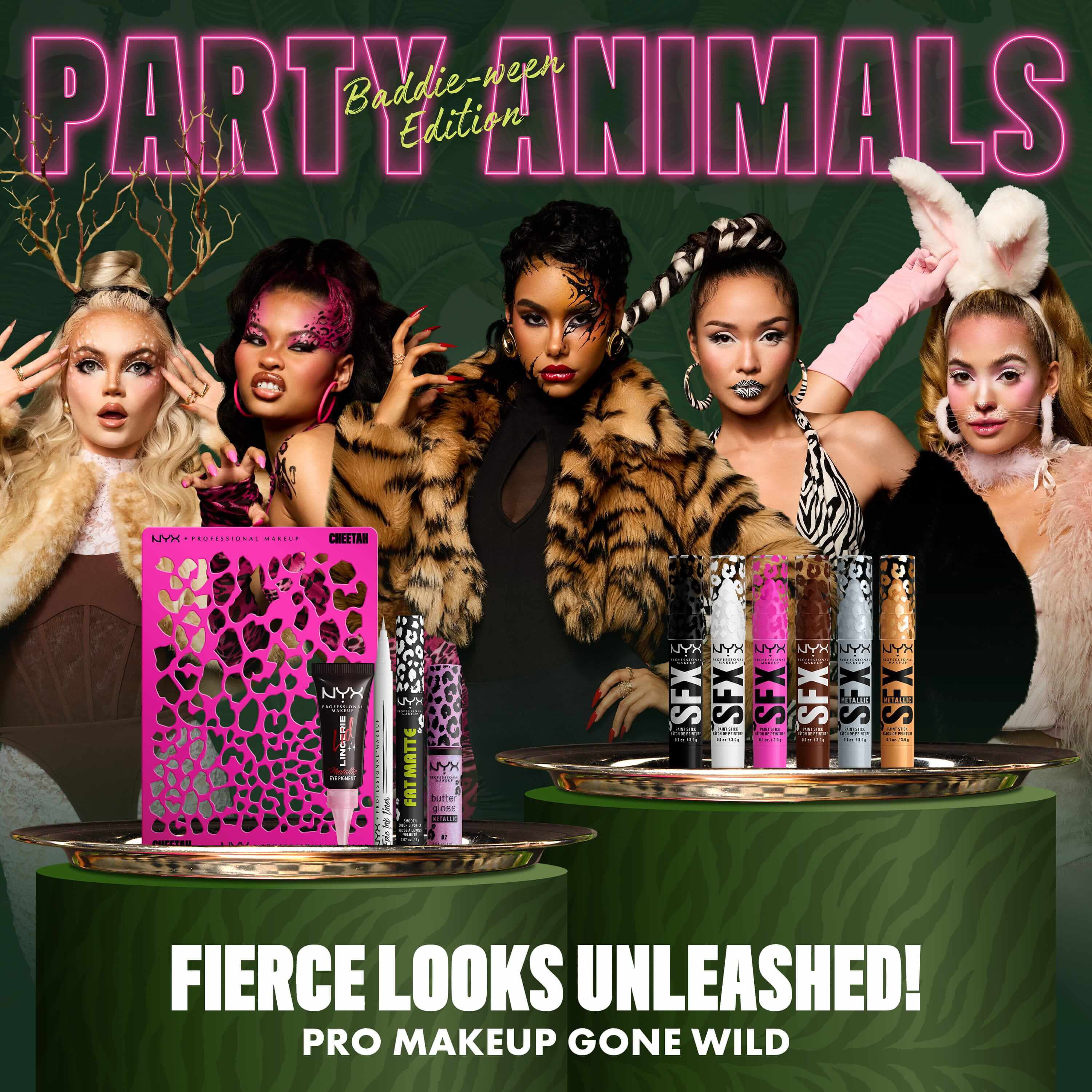 NYX Professional Makeup Party Animals collection displayed with models wearing animal-inspired makeup beside the limited-edition collection.