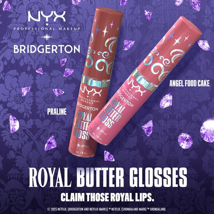 Displays two tubes of NYX Professional Makeup Bridgerton Royal Butter Gloss one in a neutral brown and another in a pinkish-nude shade, set against a purple Bridgerton-themed background. Text states: "CLAIM THOSE ROYAL LIPS!"