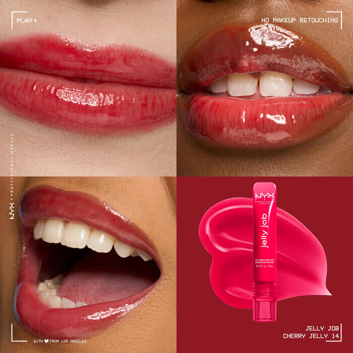 Quadrant showing Jelly Job lip macros on three models of fair, deep, medium skin tones and the product solider with swatch behind the hex code color in shade 14 Cherry Jelly