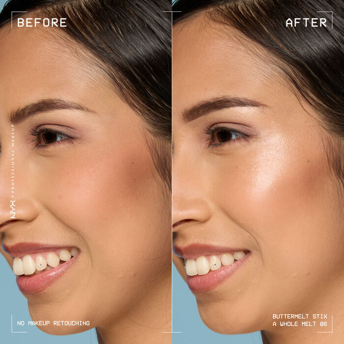 A side view of a model's face showing before and after results of using Buttermelt Stix in shade 06 A Whole Melt