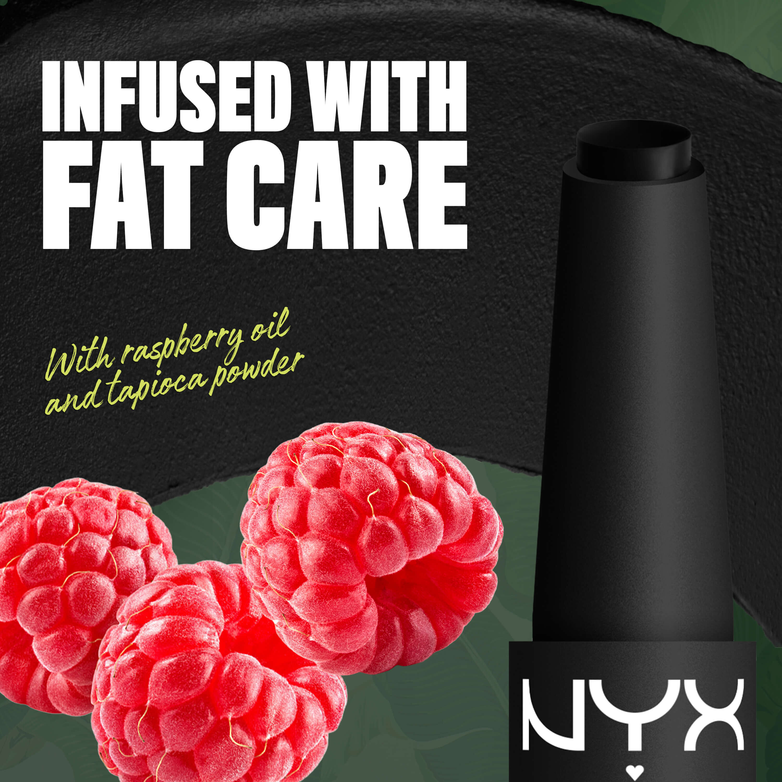 NYX Professional Makeup Party Animals Fat Matte Smooth Color Lipstick in Fatal Pout beside raspberries, representing the product’s raspberry oil ingredient.