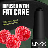NYX Professional Makeup Party Animals Fat Matte Smooth Color Lipstick in Fatal Pout beside raspberries, representing the product’s raspberry oil ingredient.