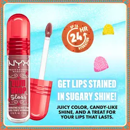 Close-up of NYX Professional Makeup Gum Drop Lip I.V. with claim: “Get lips stained in sugary shine – 24HR wear.” Surrounded by candy accents in shade 01 Hydra Honey
