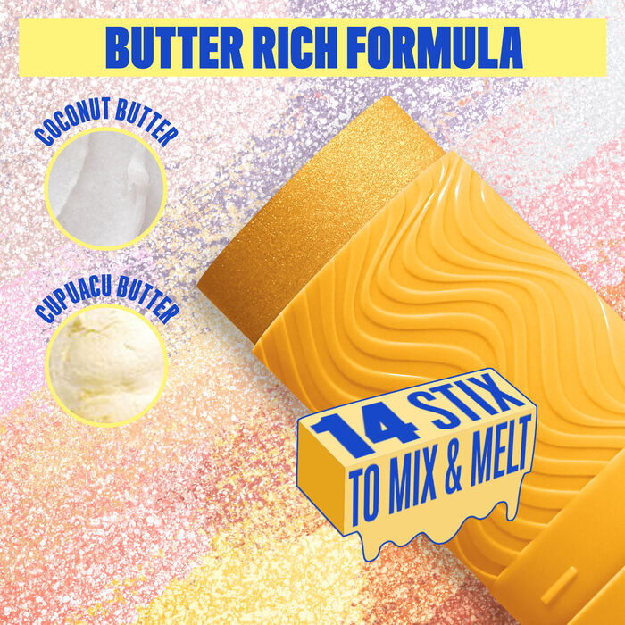 Buttermelt Stix product shown with various swatch textures as the background focusing on the coconut butter and cupuacu butter ingredients in shade 10 Worth Melting For