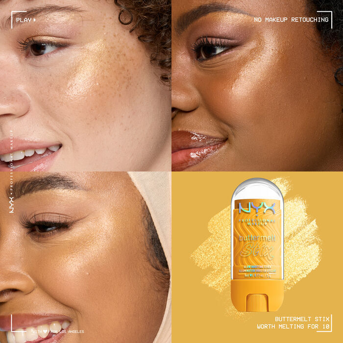 Quadrant showing Jelly Job lip macros on three models of fair, deep, medium skin tones and the product solider with swatch behind the hex code color in shade 10 Worth Melting For