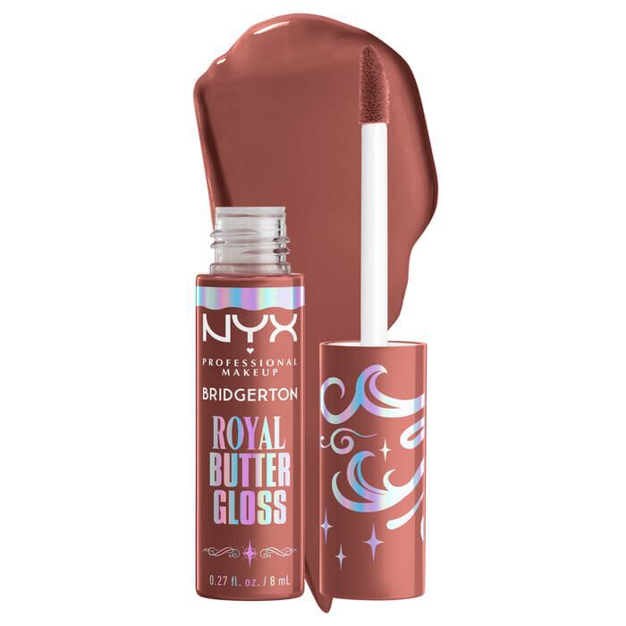 Displays a tube of NYX Professional Makeup Bridgerton Royal Butter Gloss in a neutral brown shade, featuring the NYX and Bridgerton logos. Next to it, a large, glossy swatch of the lip gloss is shown in shade 02 Praline