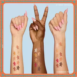 Features three arms with diverse skin tones, each displaying swatches of the eyeshadows from the NYX Professional Makeup Holiday Gingerbaddie Palette, illustrating how the colors appear on different complexions.