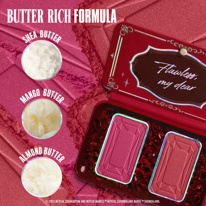 The opened 'NYX Professional Makeup Bridgerton Blush Duo', with three circles indicating key ingredients: Shea Butter, Mango Butter, and Almond Butter, emphasizing a 'Rich Formula' in shade 03 The Queen