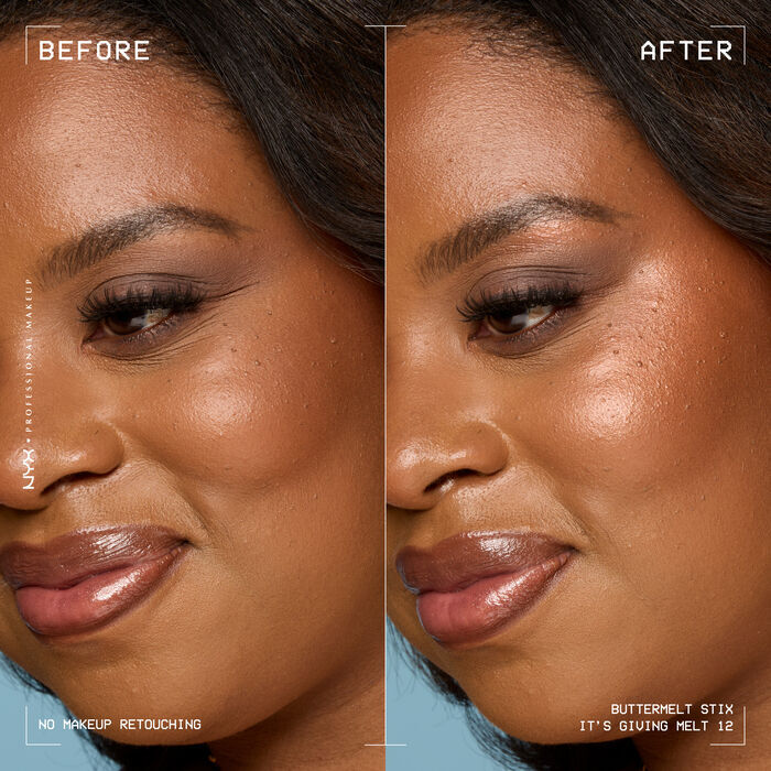 A side view of a model's face showing before and after results of using Buttermelt Stix in shade 12 It's Giving Melt