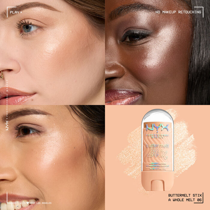 Quadrant showing Jelly Job lip macros on three models of fair, deep, medium skin tones and the product solider with swatch behind the hex code color in shade 06 A Whole Melt