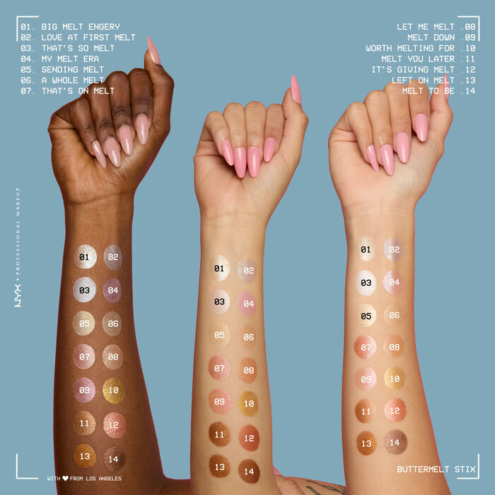 All fourteen Buttermelt Stix shades swatched on three different skin tones with the arms raised high on a blue grey background
