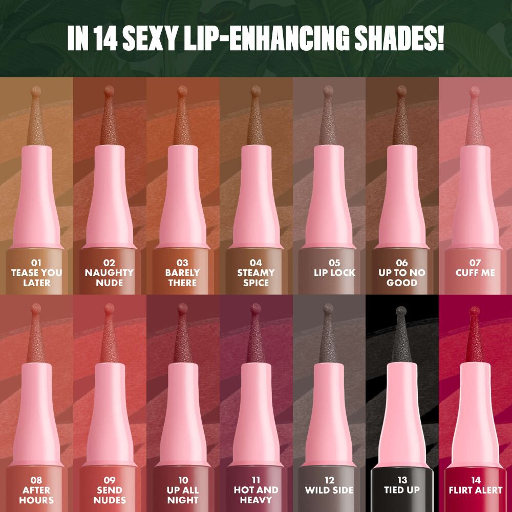 NYX Professional Makeup Lip Lingerie Lip Liner Stain shade range, showing 14 shades including 14 Flirt Alert.