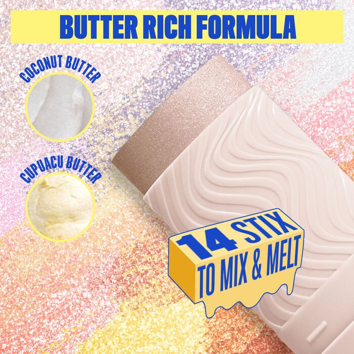 Buttermelt Stix product shown with various swatch textures as the background focusing on the coconut butter and cupuacu butter ingredients in shade 01 Big Melt Energy