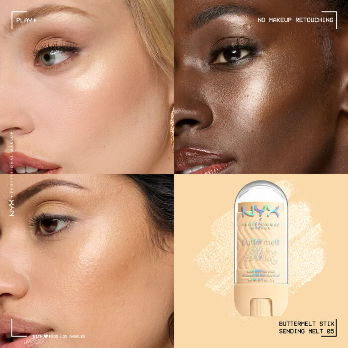 Quadrant showing Jelly Job lip macros on three models of fair, deep, medium skin tones and the product solider with swatch behind the hex code color in shade 05 Sending Melt