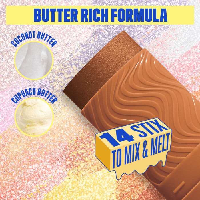 Buttermelt Stix product shown with various swatch textures as the background focusing on the coconut butter and cupuacu butter ingredients in shade 12 It's Giving Melt